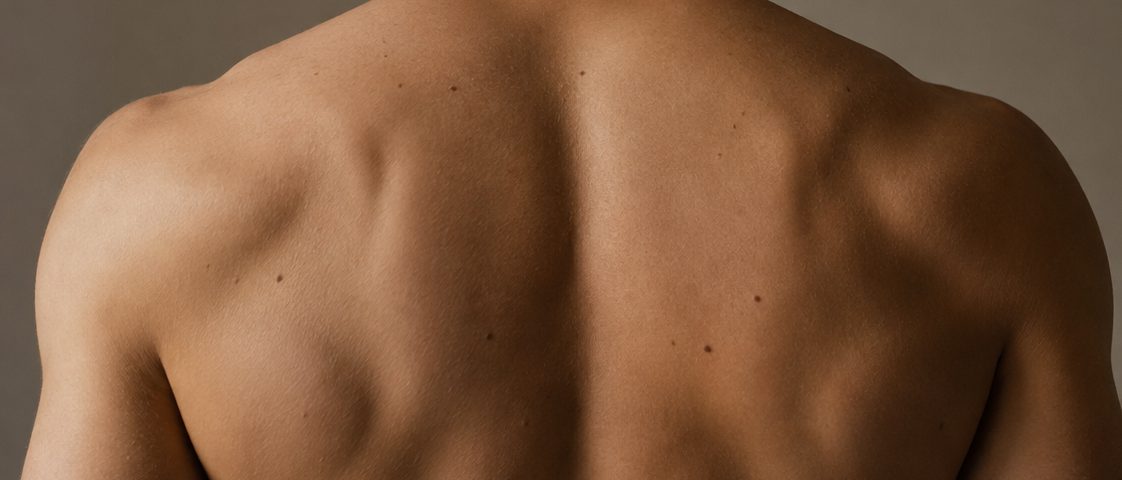 Zbliżenie na plecy pacjenta przed terapią kręgosłupa