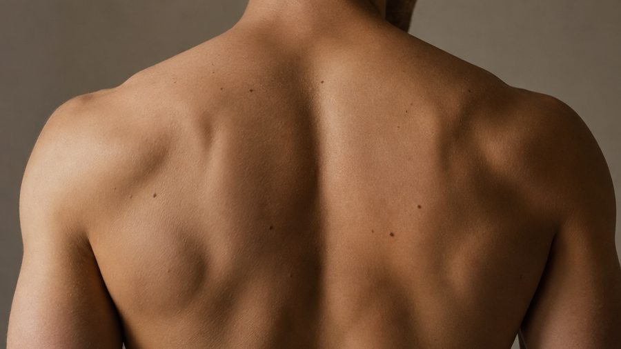 Zbliżenie na plecy pacjenta przed terapią kręgosłupa